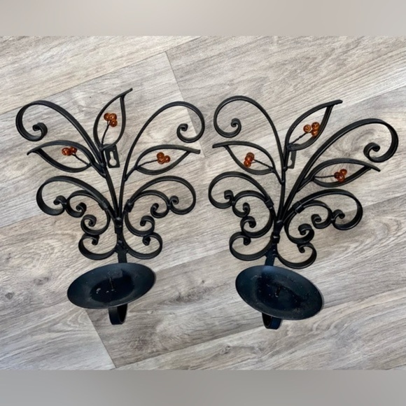 3/75$ Set of 2 Metal Wall mounted Candle Sconce Holder black thick metal leaves‎ - Picture 1 of 14